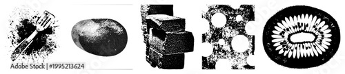 Black and white culinary graphics including kiwi section, cheese holes, stone blocks, fingerprint oval, and spatula splatter stylized food motifs for print or digital design.