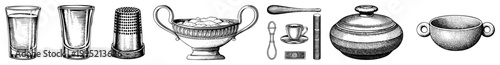 Classic engraved dining utensils including shot glass, gravy boat, sugar bowl, and ladle antique table service set, vintage cutlery ensemble.