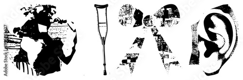 Disability symbols mobility aid, hearing, global inclusion, accessibility bowtie adaptive living graphics or impairment visuals