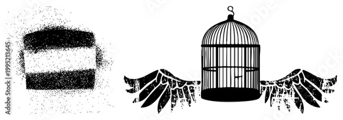 Aviary cage with stylized feathered wings, ornamental bird enclosure, vintage aviary silhouette, distressed graphic element, vector art.