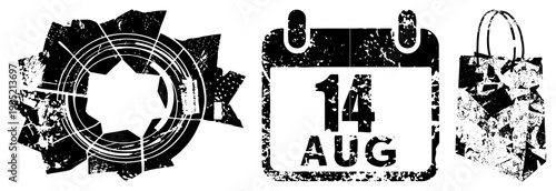 Distressed graphic symbols including shutter mechanism, date marker, retail carrier also called weathered pictograms, vintage glyphs for UI design or print.