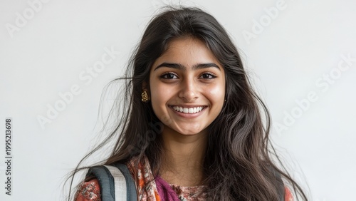 Smiling young Indian woman with long dark hair and expressive eyes, looking directly at camera against a clean white background.