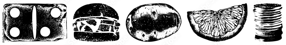 Obraz premium Black and white halftone illustrations of everyday objects including gaming die, hamburger,, citrus wedge, and currency stack stylized cutout graphics for design use.