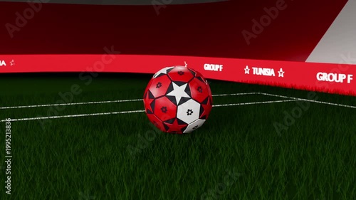 Falling red-white soccer ball rotating, bouncing, settling to rest against red ad wall on pitch