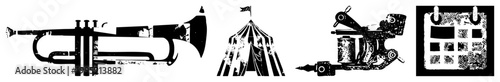 Distressed black and white vector illustrations of musical horn, big top tent, ink gun, and monthly planner also called grunge, vintage stencils, retro graphics, or punk style silhouettes.