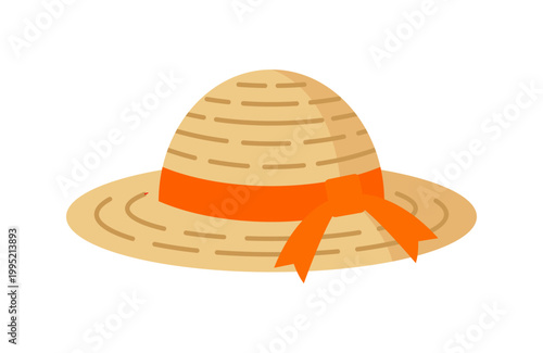 オレンジ色のリボンがついた麦わら帽子のイラスト