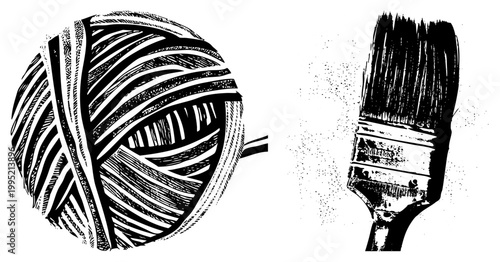 Artistic illustration of wool skein and bristle brush, textile craft tool and painting implement, ideal for DIY design,, or artisan branding.