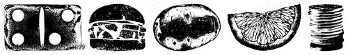 Black and white halftone illustrations of everyday objects including gaming die, hamburger,, citrus wedge, and currency stack stylized cutout graphics for design use.