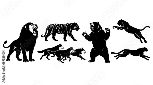 Wildlife Predator Animals Silhouette Vector Set - Lion, Tiger, Bear, Wolves, Big Cats Black Art