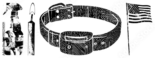 Distressed graphic featuring cleaning spray, taper candle, leather belt, USA flag vintage stencil art, retro screenprint aesthetic, ink design.