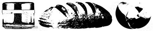 Retro style halftone graphic depicting preserved food container, artisanal bread loaf with scoring, and broken fragment vintage food set with dot matrix texture.