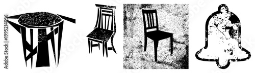 vector graphics depicting furniture and bell stylized silhouettes using halftone, glyph, and cutout techniques for design or print applications.
