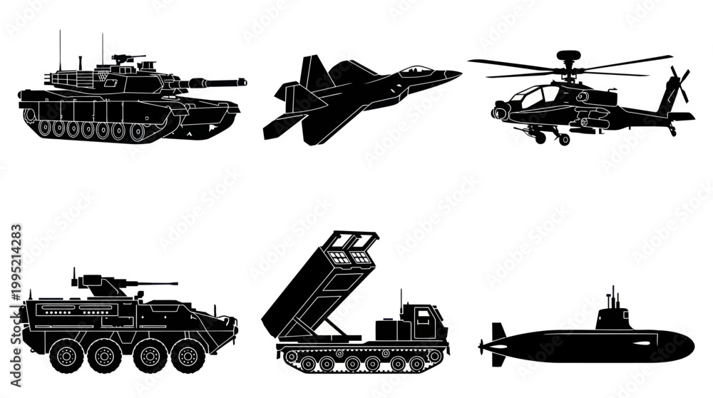 Obraz premium Military Vehicles Silhouettes Collection - Army, Air Force, Navy Glyphs Set