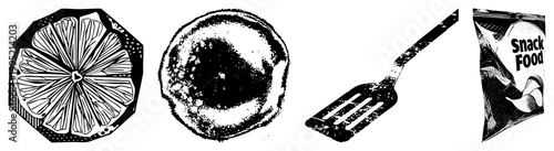 food and kitchen tool illustrations rendered in halftone style citrus wedge, sunny side up egg, turner, chip packet ideal for graphic design, menu layouts, or culinary branding.