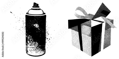 Aerosol can spraying mist alongside wrapped present box, graffiti spray can, festive gift container, urban street art tool, holiday package, halftone graphic.