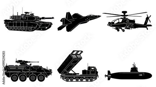 Military Vehicles Silhouettes Collection - Army, Air Force, Navy Glyphs Set