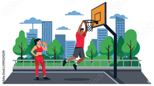 Basketball player jumping to dunk on outdoor court with woman holding water bottle.