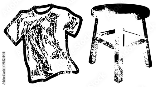 Distressed graphic tee and stool cutouts rendered in gritty halftone style, ideal for streetwear design or urban decor also called distressed apparel or stencil furniture illustrations.