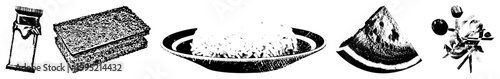 halftone food illustrations snack items, meal components, fresh produce, picnic fare, lunchbox elements. Alternate grayscale food graphics, retro dot style cuisine.