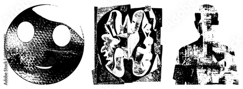 Grayscale halftone graphics including, cubist style composition, and glitch portrait silhouette rasterized vector cutouts for digital design.