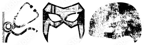 Rugged stethoscope, jagged masquerade mask, and abstract helmet symbol all rendered in distressed vector style for edgy graphic design or thematic branding.