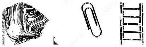 Fluid ink swirl design, paperclip, distressed brick grid stylized graphic elements for digital design, print, or UI assets. Cutout vector illustration.