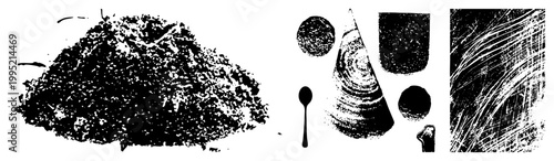 B&W halftone graphic coffee grounds, spoon, cone, circles, scratchy textures ideal for vintage design or print. Also called stipple or dot matrix art.