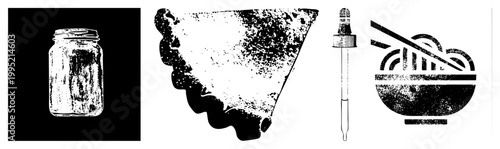 Distressed (mason jar, dessert wedge, pipette, ramen bowl) for retro/vintage branding. Also called weathered illustrations.