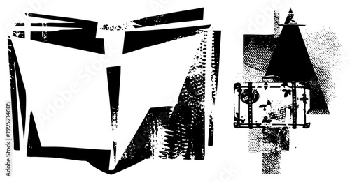Fragmented abstract design using sharp angular forms and dot matrix, stylized graphic element, modernist vector art, illustration, halftone texture.