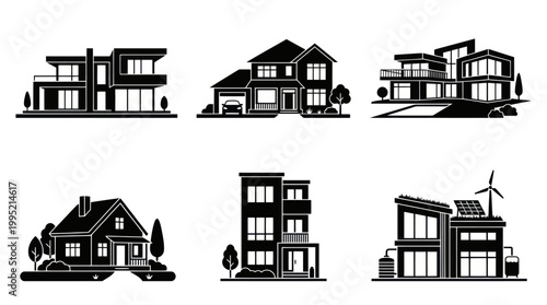 Black and White Icons of Modern and Eco-Friendly Houses