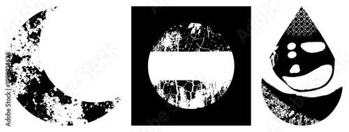 Distressed lunar, fractured orb, stylized droplet with geometric fill abstract, weathered vector symbols, rugged emblem set for design or branding.