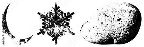 Distressed lunar, snowflake, speckled meteoroid stylized celestial trio in high contrast. Ideal for print/digital. Isolated cutout with RGBA.