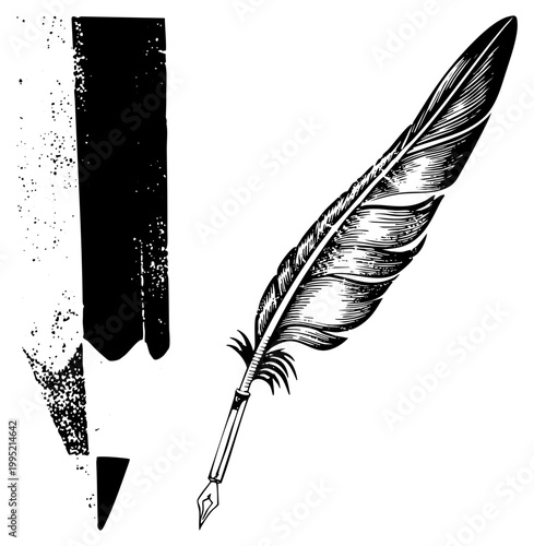 Classical feather quill writing instrument paired with inkwell, dip pen, calligraphy tool, manuscript scribe accessory, retro stationery element.