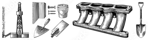 Retro art illustrations of oil derrick, trowels, engine block, shovel, screws, bucket technical drafting style for engineering or construction themes.