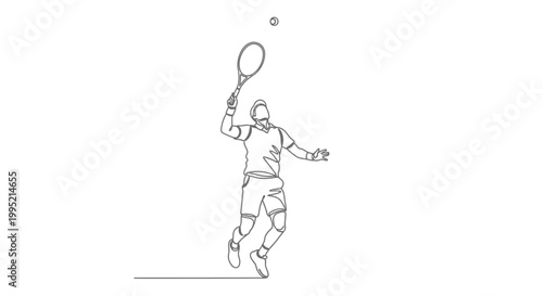 Continuous line drawing of a tennis player serving a ball in mid-air, dynamic action pose.