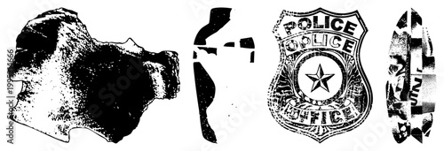 Stylized law enforcement insignia & abstract figures in high contrast halftone. Great for graphic design, print, or punk art. Alt names distressed badge, stencil cop emblem.