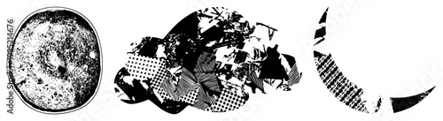 Stylized graphic design featuring stippled circle, deconstructed polygonal mass, and shape ideal for avant garde layouts or experimental print.