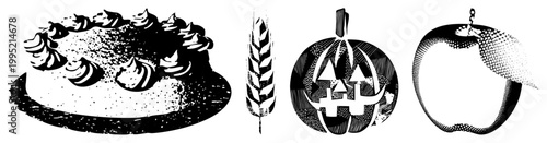 Stylized food symbols including pastry, grain stalk, Halloween pumpkin, and fruit graphic illustrations using dotwork and for vintage print effect.