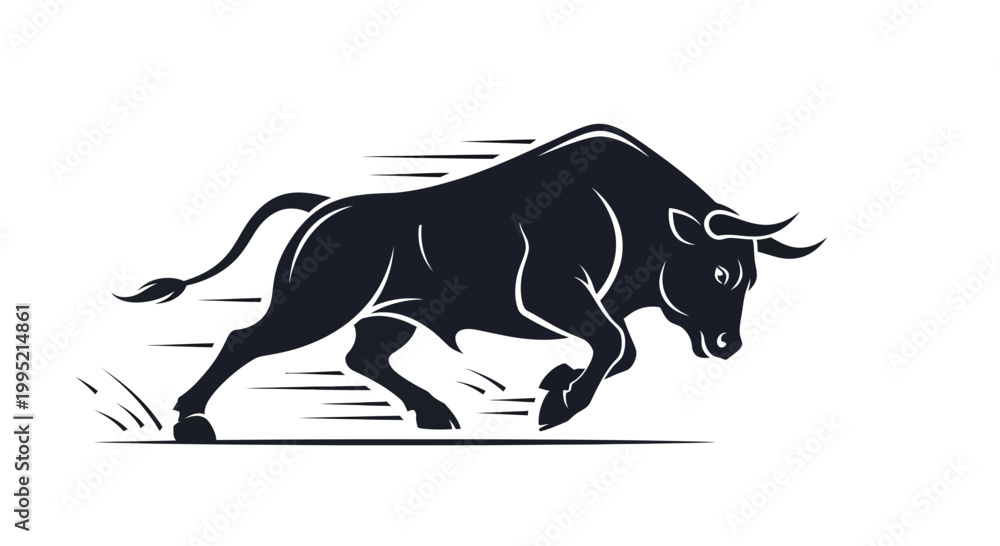 Fototapeta premium Charging Bull Silhouette, Power and Strength Symbol, Dynamic Movement