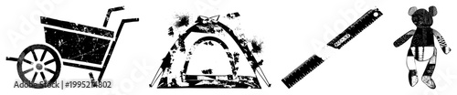 Distressed vector illustrations featuring garden cart, camping shelter, measuring tool, plush toy also called grunge glyphs, weathered, retro stencils.