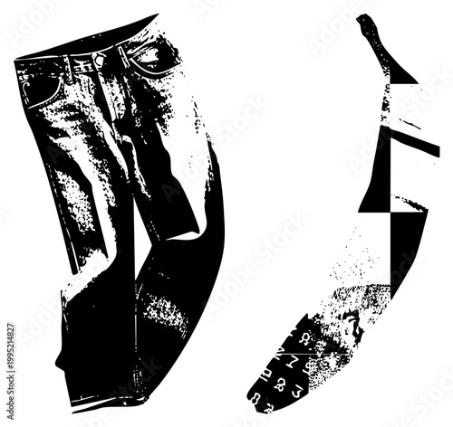 Distressed denim pants silhouette paired with stiletto footwear, urban streetwear graphic, punk fashion illustration, fragmented apparel art.