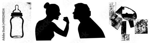 Black vector silhouette depicting female figure gesturing toward male profile emotional standoff, interpersonal conflict, confrontation scene, human interaction graphic.