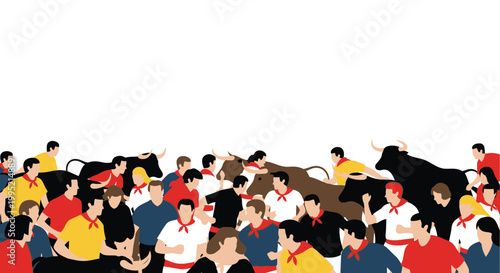 Crowd Running with Bulls, Spanish Festival, San Fermin