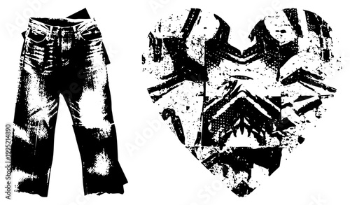 Distressed denim pants illustration paired with abstract heart symbol, urban streetwear graphic, punk aesthetic apparel art, fashion motif.