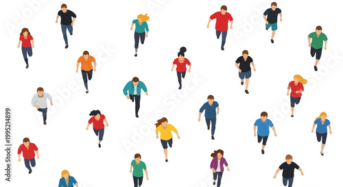 Diverse group of people running, seen from above, dynamic action, white background