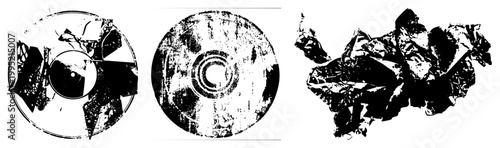 Distressed compact disc graphics, broken optical, crinkled aluminum foil shapes, retro tech debris, flat vector illustrations with halftone textures.