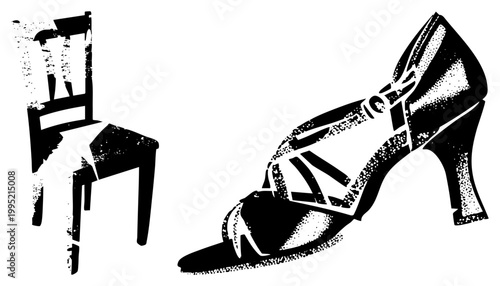 Stylish salsa or ballroom dance pump with straps, paired with minimalist bar stool ideal for performance art graphics or retro fashion design.