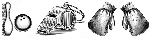 Retro halftone illustration of athletic gear including skittle pin, referee whistle, pugilistic mitts, vintage sports equipment, engraved print style.