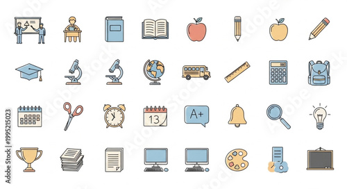 Collection of school and education related icons and symbols.