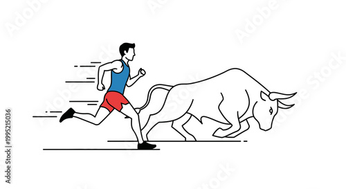 Man Running From Bull, Business Competition, Stock Market Concept